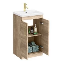 Arezzo Floor Standing Vanity Unit - Rustic Oak - 500mm with Brushed Brass Handles 2 Arezzo Floor Standing Vanity Unit - Rustic Oak - 500mm with Brushed Brass Handles -Victorian Plumbing Shop AZRO5FSVBB d2 460
