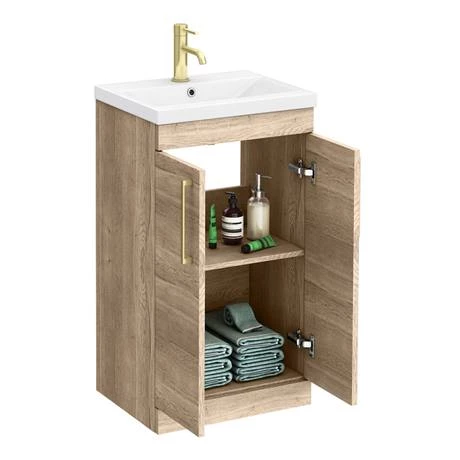 AZRO5FSVBB_d2_460.jpg Arezzo Floor Standing Vanity Unit - Rustic Oak - 500mm with Brushed Brass Handles -Victorian Plumbing Shop AZRO5FSVBB d2 460