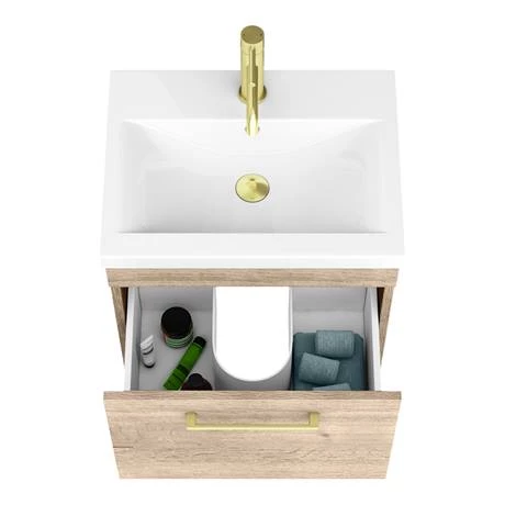 AZRO5WHVBB_d2_460.jpg Arezzo Wall Hung Vanity Unit - Rustic Oak - 500mm with Brushed Brass Handle -Victorian Plumbing Shop AZRO5WHVBB d2 460