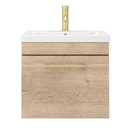 AZRO5WHVBB_d5_460.jpg Arezzo Wall Hung Vanity Unit - Rustic Oak - 500mm with Brushed Brass Handle -Victorian Plumbing Shop AZRO5WHVBB d5 460
