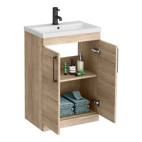 AZRO6FSVMB_d2_460.jpg Arezzo Floor Standing Vanity Unit - Rustic Oak - 600mm with Matt Black Handles -Victorian Plumbing Shop AZRO6FSVMB d2 460