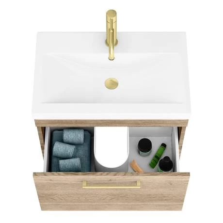 AZRO6WHVBB_d3_460.jpeg Arezzo Wall Hung Vanity Unit - Rustic Oak - 600mm with Brushed Brass Handle -Victorian Plumbing Shop AZRO6WHVBB d3 460