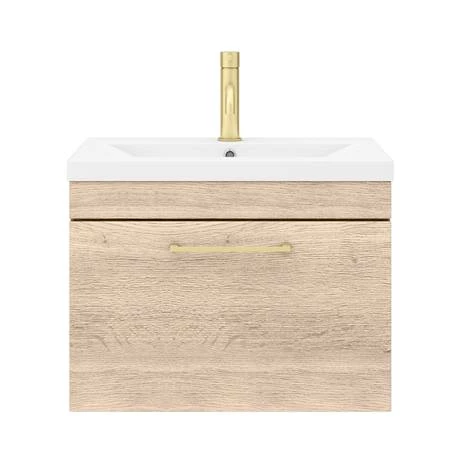 AZRO6WHVBB_d4_460.jpg Arezzo Wall Hung Vanity Unit - Rustic Oak - 600mm with Brushed Brass Handle -Victorian Plumbing Shop AZRO6WHVBB d4 460