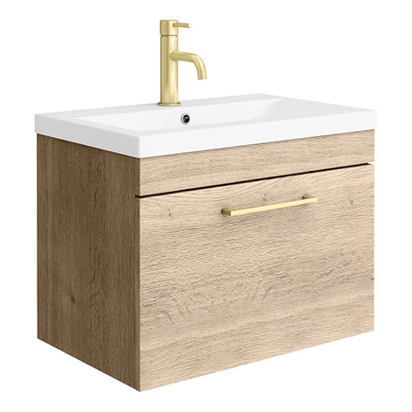 AZRO6WHVBB_p.jpg Arezzo Wall Hung Vanity Unit - Rustic Oak - 600mm with Brushed Brass Handle -Victorian Plumbing Shop AZRO6WHVBB p