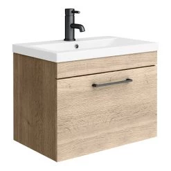 Arezzo Wall Hung Vanity Unit - Rustic Oak - 600mm with Matt Black Handle