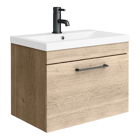 AZRO6WHVBK_n_p.jpg Arezzo Wall Hung Vanity Unit - Rustic Oak - 600mm with Matt Black Handle -Victorian Plumbing Shop AZRO6WHVBK n p