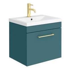 Arezzo Wall Hung Vanity Unit - Matt Green - 500mm 1-Drawer with Brushed Brass Handle