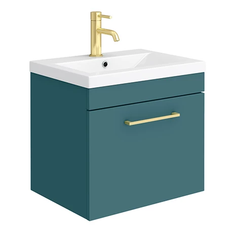 AZTG5WHVBB_p.jpg Arezzo Wall Hung Vanity Unit - Matt Green - 500mm 1-Drawer with Brushed Brass Handle -Victorian Plumbing Shop AZTG5WHVBB p