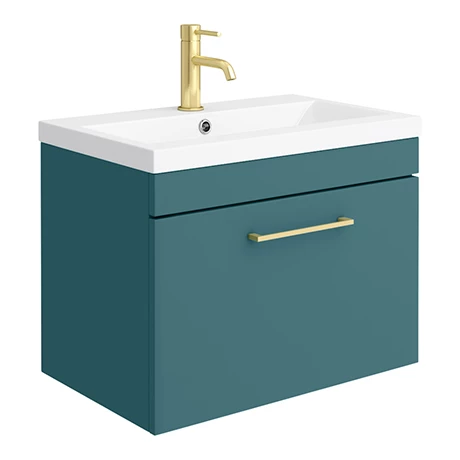 AZTG6WHVBB-p.jpg Arezzo Wall Hung Vanity Unit - Matt Green - 600mm 1-Drawer with Brushed Brass Handle -Victorian Plumbing Shop AZTG6WHVBB p