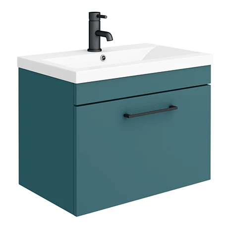 AZTG6WHVBK_p.jpg Arezzo Wall Hung Vanity Unit - Matt Green - 600mm 1-Drawer with Matt Black Handle -Victorian Plumbing Shop AZTG6WHVBK p