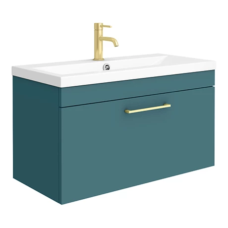 AZTG8WHVBB_p.jpg Arezzo Wall Hung Vanity Unit - Matt Green - 800mm with Brushed Brass Handle -Victorian Plumbing Shop AZTG8WHVBB p
