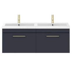 Arezzo Matt Blue Wall Hung Double Basin Vanity Unit (1205mm w. Brushed Brass Handles) -Victorian Plumbing Shop AZWH12BBR1D d2 460