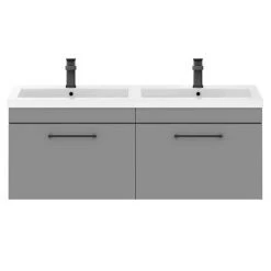 Arezzo Matt Grey Wall Hung Double Basin Vanity Unit (1205mm w. Matt Black Handles) -Victorian Plumbing Shop AZWH12GMB1D d2 460