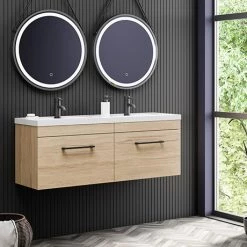 Arezzo Rustic Oak Wall Hung Double Basin Vanity Unit (1205mm w. Matt Black Handles)