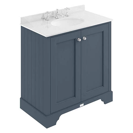 BAYF105-BAYC231_P.jpg Bayswater Stiffkey Blue 800mm 2 Door Vanity Unit & 3TH White Marble Basin Top -Victorian Plumbing Shop BAYF105 BAYC231 P