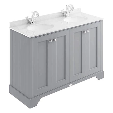 BAYF107-BAYC234_P.jpg Bayswater Plummett Grey 1200mm 4 Door Vanity Unit & 1TH White Marble Double Bowl Basin Top -Victorian Plumbing Shop BAYF107 BAYC234 P