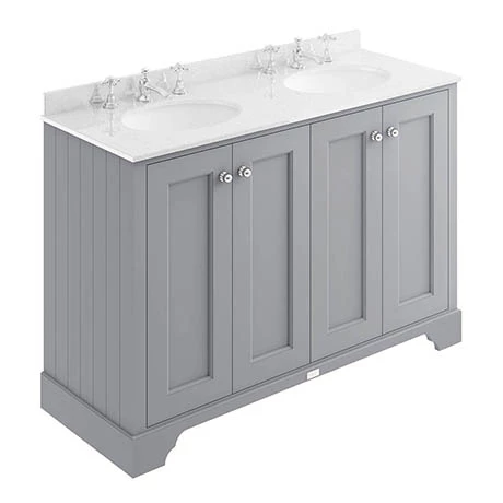 BAYF107-BAYC237_P.jpg Bayswater Plummett Grey 1200mm 4 Door Vanity Unit & 3TH White Marble Double Bowl Basin Top -Victorian Plumbing Shop BAYF107 BAYC237 P