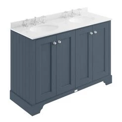 Bayswater Stiffkey Blue 1200mm 4 Door Vanity Unit & 3TH White Marble Double Bowl Basin Top