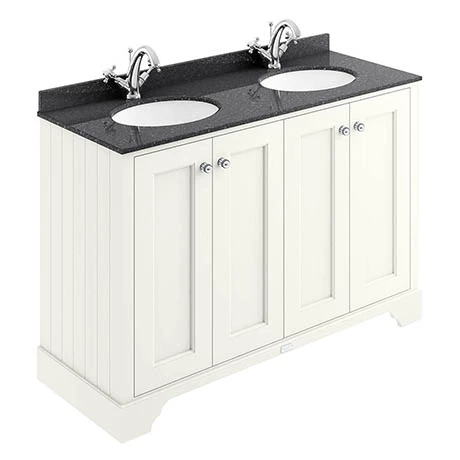 BAYF109-BAYC233_P.jpg Bayswater Pointing White 1200mm 4 Door Vanity Unit & 1TH Black Marble Double Bowl Basin Top -Victorian Plumbing Shop BAYF109 BAYC233 P