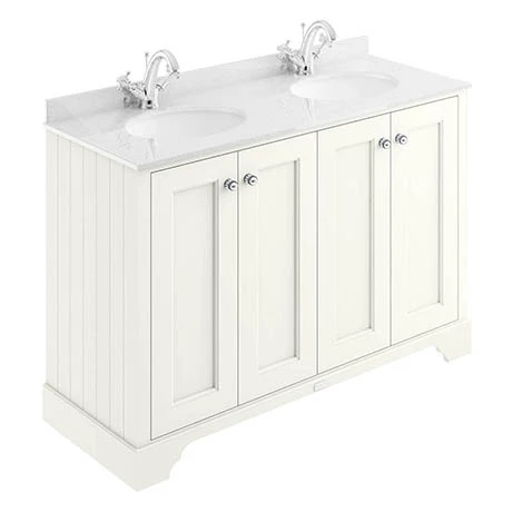 BAYF109-BAYC234_P.jpg Bayswater Pointing White 1200mm 4 Door Vanity Unit & 1TH White Marble Double Bowl Basin Top -Victorian Plumbing Shop BAYF109 BAYC234 P