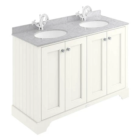 BAYF109-BAYC235_P.jpg Bayswater Pointing White 1200mm 4 Door Vanity Unit & 1TH Grey Marble Double Bowl Basin Top -Victorian Plumbing Shop BAYF109 BAYC235 P