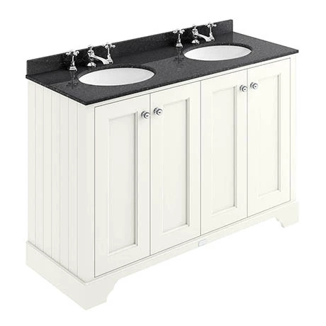 BAYF109-BAYC236_P.jpg Bayswater Pointing White 1200mm 4 Door Vanity Unit & 3TH Black Marble Double Bowl Basin Top -Victorian Plumbing Shop BAYF109 BAYC236 P