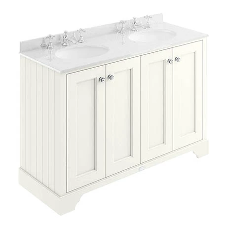 BAYF109-BAYC237_P.jpg Bayswater Pointing White 1200mm 4 Door Vanity Unit & 3TH White Marble Double Bowl Basin Top -Victorian Plumbing Shop BAYF109 BAYC237 P