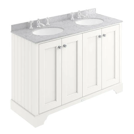 BAYF109-BAYC238_P.jpg Bayswater Pointing White 1200mm 4 Door Vanity Unit & 3TH Grey Marble Double Bowl Basin Top -Victorian Plumbing Shop BAYF109 BAYC238 P