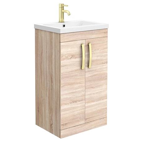 BFS5N-BB_NP.jpg Brooklyn 500mm Natural Oak Vanity Unit with Brushed Brass Handles -Victorian Plumbing Shop BFS5N BB NP