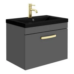 Brooklyn 600mm Gloss Grey Wall Hung 1-Drawer Vanity Unit with Matt Black Basin + Brass Handle