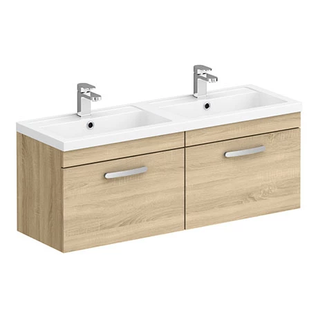BWH12N1D_np.jpg Brooklyn 1205mm Natural Oak Wall Hung 2 Drawer Double Basin Vanity Unit -Victorian Plumbing Shop BWH12N1D np