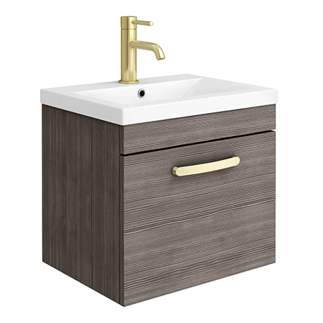 BWHSD5GA-BB_np.jpg Brooklyn 500mm Grey Avola Wall Hung 1-Drawer Vanity Unit with Brushed Brass Handle -Victorian Plumbing Shop BWHSD5GA BB np