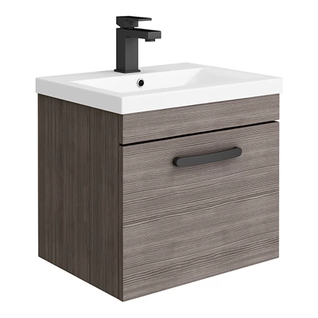 BWHSD5GAMB_p.jpg Brooklyn Wall Hung Vanity - Grey Avola - 500mm Wide 1-Drawer inc. Matt Black Handle -Victorian Plumbing Shop BWHSD5GAMB p