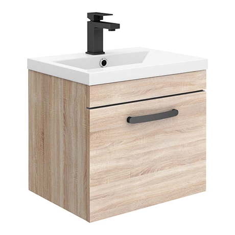 BWHSD5NMB_p.jpg Brooklyn Wall Hung Vanity - Natural Oak - 500mm Wide 1-Drawer inc. Matt Black Handle -Victorian Plumbing Shop BWHSD5NMB p