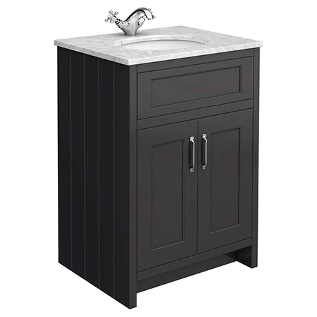 C610BLK-WHT_n_p.jpg Chatsworth Graphite 610mm Vanity with White Marble Basin Top -Victorian Plumbing Shop C610BLK WHT n p