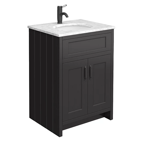C610BLKMB-WHT-p.jpg Chatsworth Graphite 610mm Vanity with White Marble Basin Top + Matt Black Handles -Victorian Plumbing Shop C610BLKMB WHT p