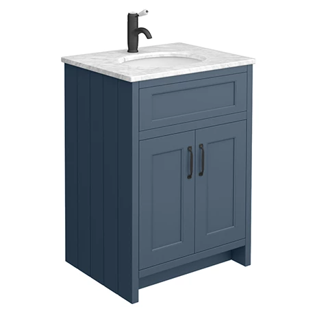 C610BLUMB-WHT_p.jpg Chatsworth Blue 610mm Vanity with White Marble Basin Top + Matt Black Handles -Victorian Plumbing Shop C610BLUMB WHT p