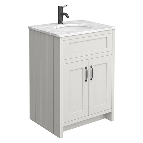 C610GRYMB-WHT_n_p.jpg Chatsworth Grey 610mm Vanity with White Marble Basin Top + Matt Black Handles -Victorian Plumbing Shop C610GRYMB WHT n p