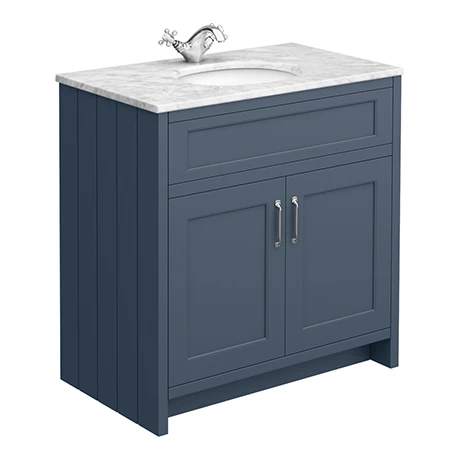 C810BLU-WHT_p.jpg Chatsworth Blue 810mm Vanity with White Marble Basin Top -Victorian Plumbing Shop C810BLU WHT p