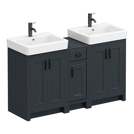 CBLK142PKMB_p.jpg Chatsworth Traditional Graphite Double Basin Vanity + Cupboard Combination Unit with Matt Black Handles -Victorian Plumbing Shop CBLK142PKMB p
