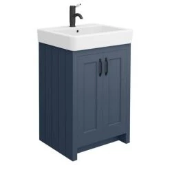 Chatsworth Traditional Blue Double Basin Vanity + Cupboard Combination Unit with Matt Black Handles -Victorian Plumbing Shop CBLU142PKMB d2 460