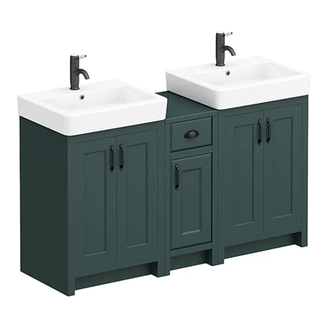 CGRN142PKMB_p.jpg Chatsworth Traditional Green Double Basin Vanity + Cupboard Combination Unit with Matt Black Handles -Victorian Plumbing Shop CGRN142PKMB p
