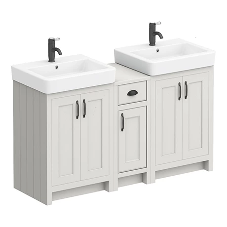CGRY142PKMB_p.jpg Chatsworth Traditional Grey Double Basin Vanity + Cupboard Combination Unit with Matt Black Handles -Victorian Plumbing Shop CGRY142PKMB p