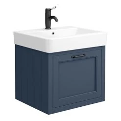 Chatsworth Traditional Blue Wall Hung Vanity - 560mm Wide with Matt Black Handle
