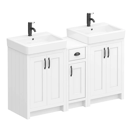 CWHT142PKMB-n-p.jpg Chatsworth Traditional White Double Basin Vanity + Cupboard Combination Unit with Matt Black Handles -Victorian Plumbing Shop CWHT142PKMB n p