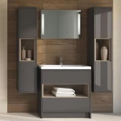 Hudson Reed Coast 500mm Floorstanding 2 Drawer Vanity Unit with Open Shelf & Basin - Grey Gloss/Driftwood -Victorian Plumbing Shop Coast 500mm Floorstanding 2 Drawer Vanity Unit with Open Shelf and Basin d2 460