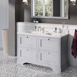 Burlington 130 4-Drawer Vanity Unit & Minerva Worktop with Double Basin - Classic Grey 3 Burlington 130 4-Drawer Vanity Unit & Minerva Worktop with Double Basin - Classic Grey -Victorian Plumbing Shop FC10G BC12 D3 460