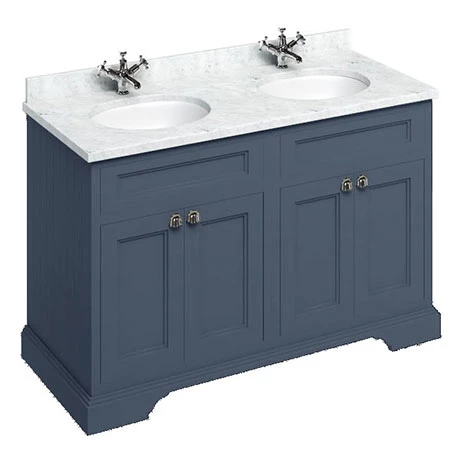 FC9B-BC12_P.jpg Burlington 130 4-Door Vanity Unit & Minerva Carrara White Worktop with Double Basin - Blue -Victorian Plumbing Shop FC9B BC12 P