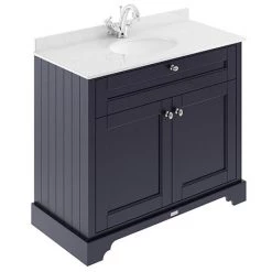 Old London 1000mm Cabinet & Single Bowl White Marble Top - Twilight Blue
