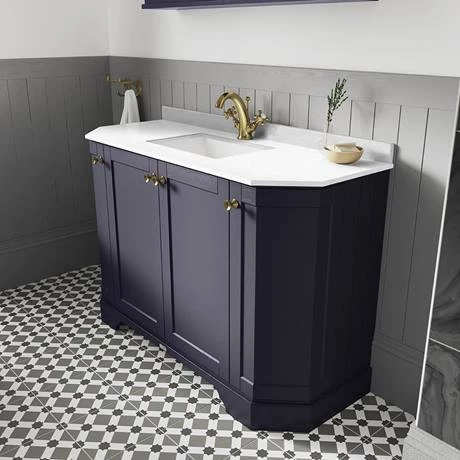 LOF383_D1_460.jpg Old London Twilight Blue Art Deco 1000mm Angled Cabinet with White Marble Basin Top -Victorian Plumbing Shop LOF383 D1 460